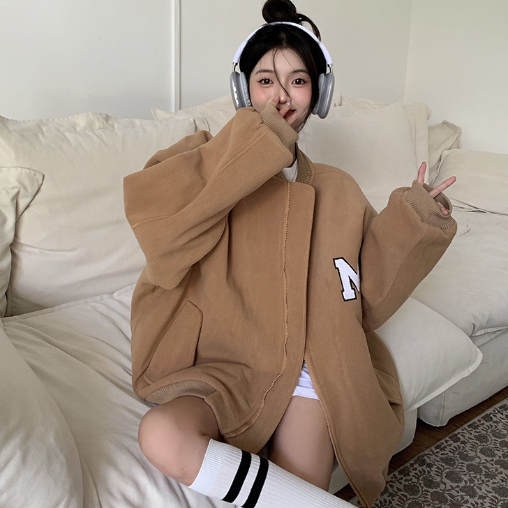 Red American letter bordir bisbol seragam kardigan sweater wanita musim gugur dan musim dingin plus beludru menebal kuliah gaya longgar ceruk atas tren