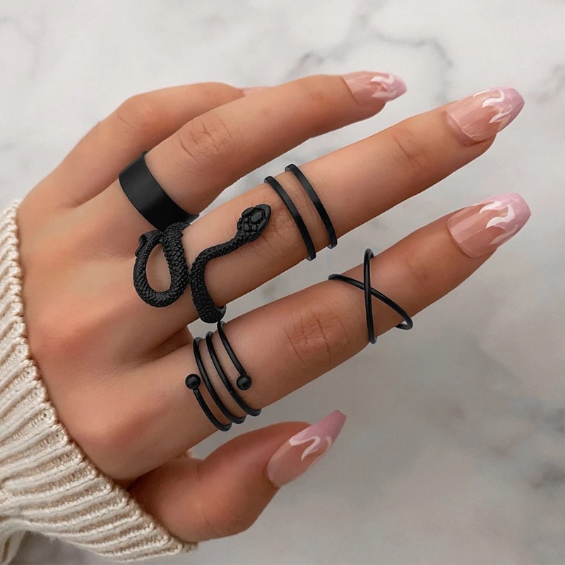 Set Cincin Jari Bentuk Ular Tidak Teratur Geometris Silang Helix Warna Hitam Dapat Disesuaikan Gaya Punk Vintage