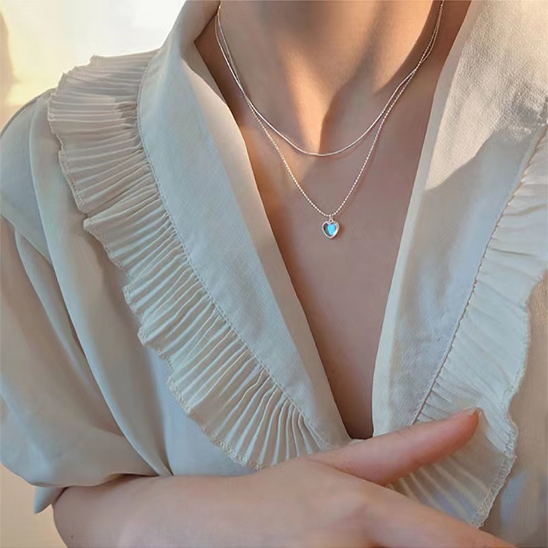 Papaozhu Trendi Manik-Manik Perak Rantai Opal Hati Liontin Kalung Untuk Wanita Gadis Chic Berlapis Ganda Choker Kalung Fashion Perhiasan Hadiah