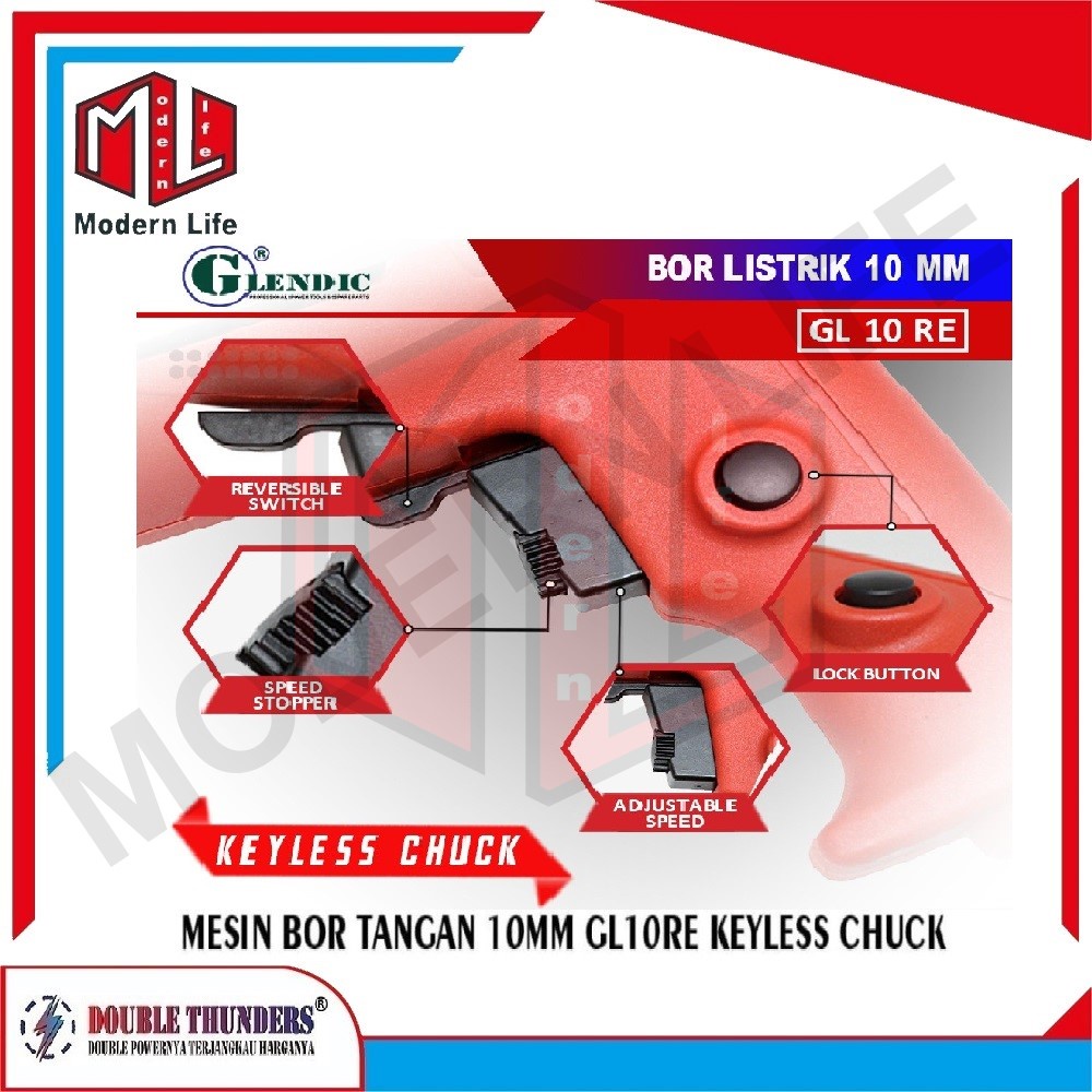 Glendic GL10RE KEYLESS WATERPAS Mesin Bor Listrik / Mesin Bor 10mm GL