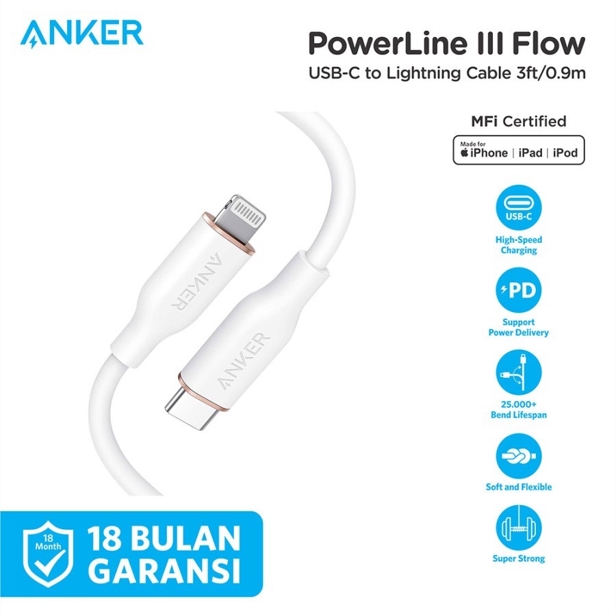 Kabel Charger Anker PowerLine Flow USB-C to Lightning Cable 3ft A8662