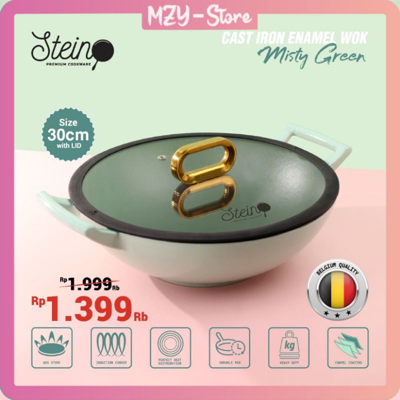 (Free Soup Spatula + Nylon) Stein Cast Iron Enamel Steincookware Wok Pan 30 Cm Enamel Misty Green Blue Fantasy Cast Iron Enamel