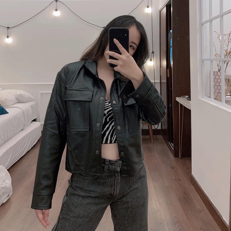 Jaket kulit wanita crop v style korea semi kulit sintetis cute korean