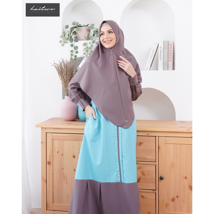 HAITWO NIBRAS SET HIJAB CRESEDIA 004 BLUE PINK BAJU GAMIS PESTA MODEARN ASTER VEST