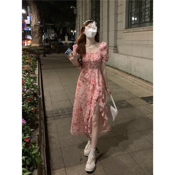 Korean Women Floral Midi Dress Gaun Wanita M190