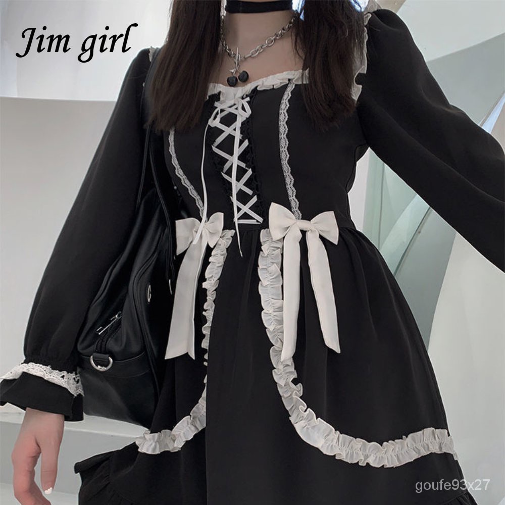 Japanese Lolita Gothic Dress Women Vintage Square Collar Puff Long Sleeve Dress Young Girl High Wais