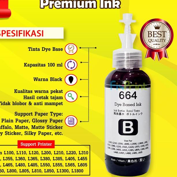 Tinta 664 Premium Refill Printer Epson L110 L210 L220 L300 L310 L360 - Hitam, TINTA ORIGINAL