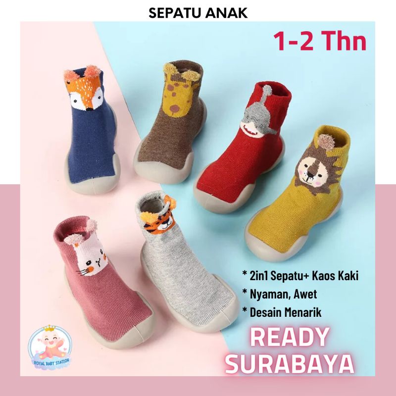 2in1 Sepatu Anak Bayi Karet Kaos Kaki Panjang Karakter Animal Lucu