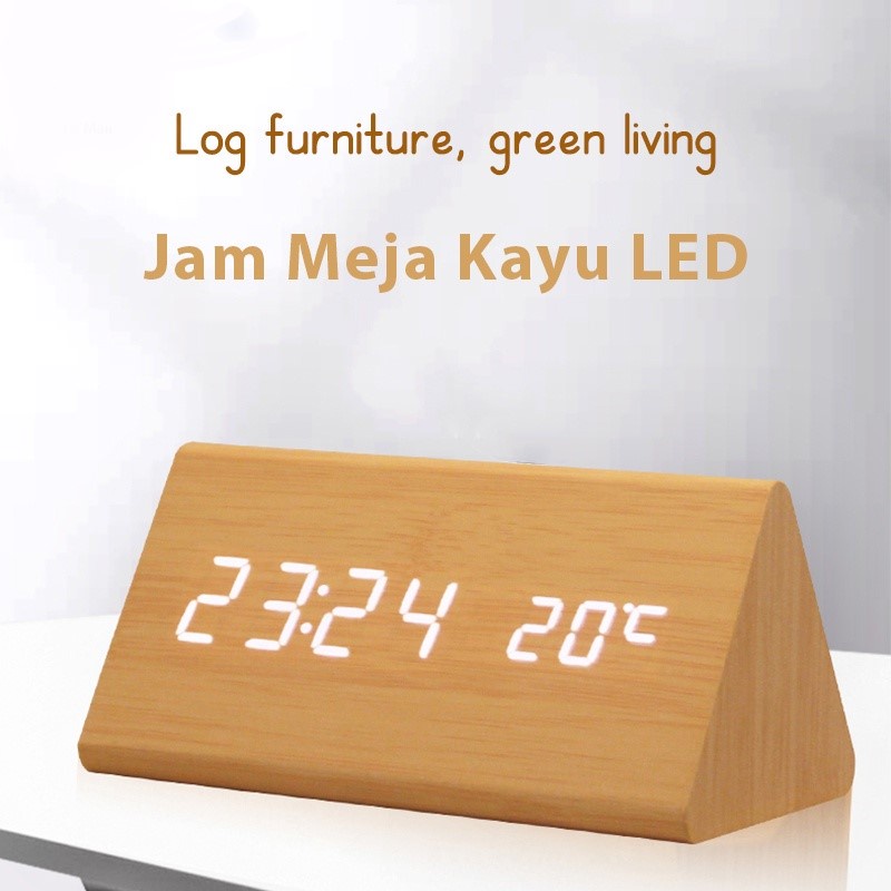 Jam Meja Digital Led Motif Kayu/ Jam Meja Kayu Alarm Temperatur Digital Triangle/ Jam Estetik + SUHU / ESTETIK JAM WEKER