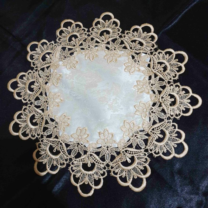 Taplak Meja Tamu Bulat Kecil Shabby Chic Mewah Bordir Gold Emas - Taplak Bulat Kecil 40 60 cm