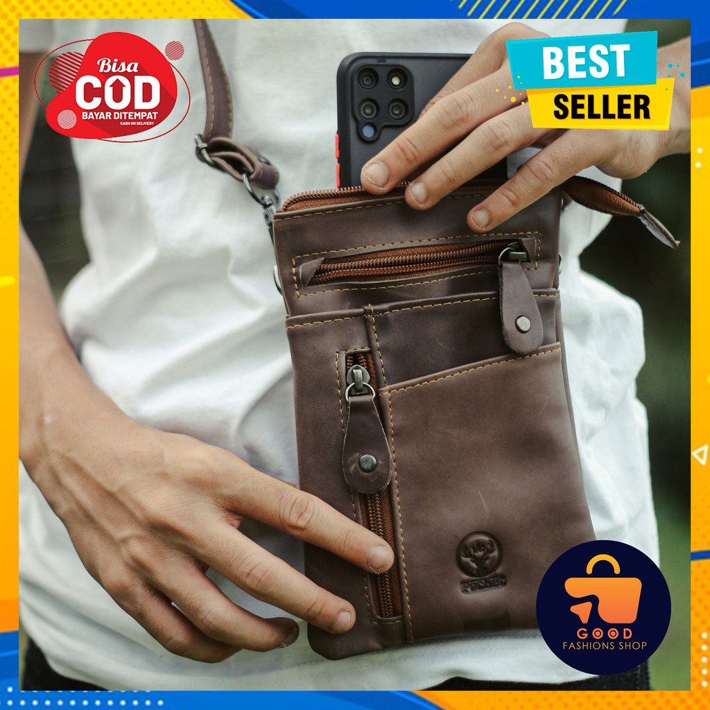Handmader CO Tas Selempang Hp Pria Mini Kecil Kulit Asli Anti Air Waterproof Warna Coklat