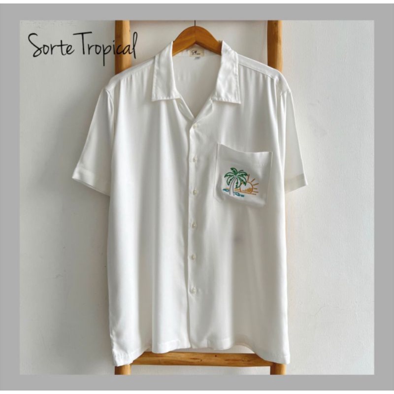 Kemeja Hawaiian Pantai Pria Wanita Casual Plain Polos Putih Natural - Bordir Sunny Day Exclusive Edition