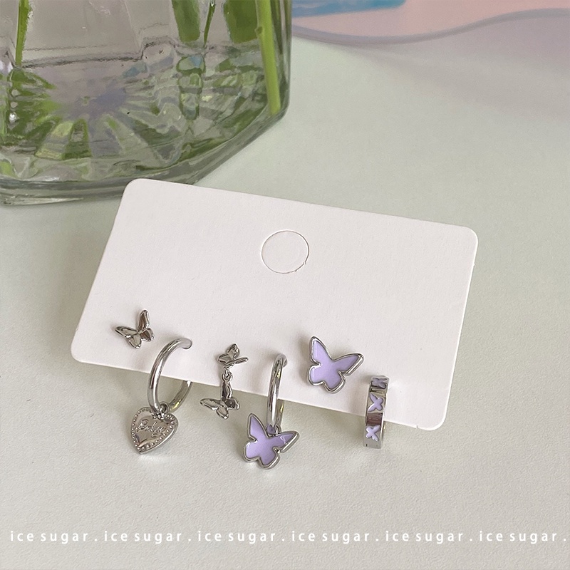 Anting Hoop S925 Silver Bentuk Kupu-Kupu Tulip Bahan Resin Warna Ungu Untuk Wanita