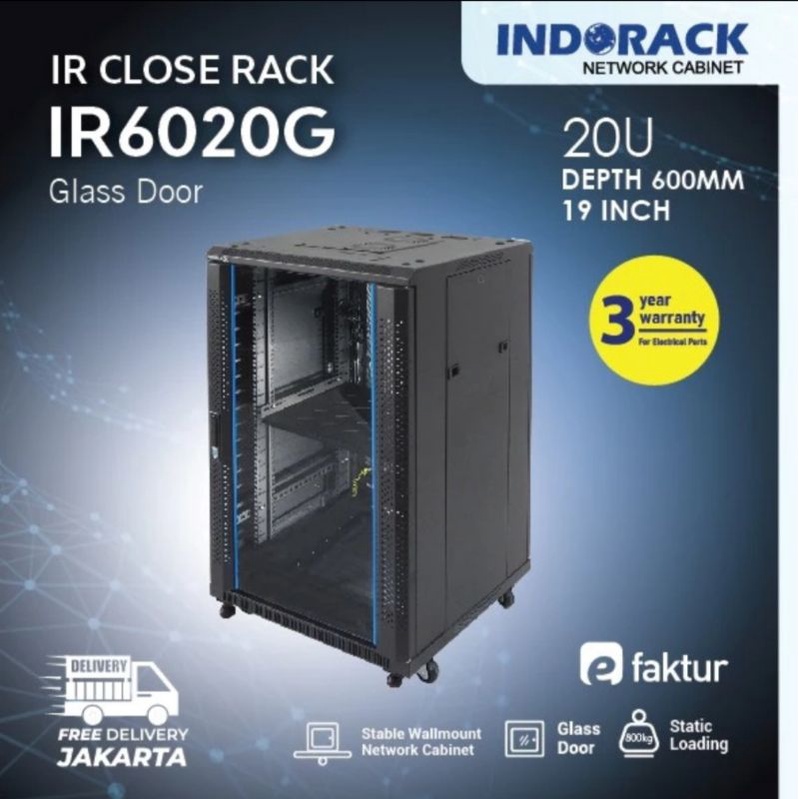 IR6020G Depth 600mm 20U Standing Close Rack Glass INDORACK Rak Server