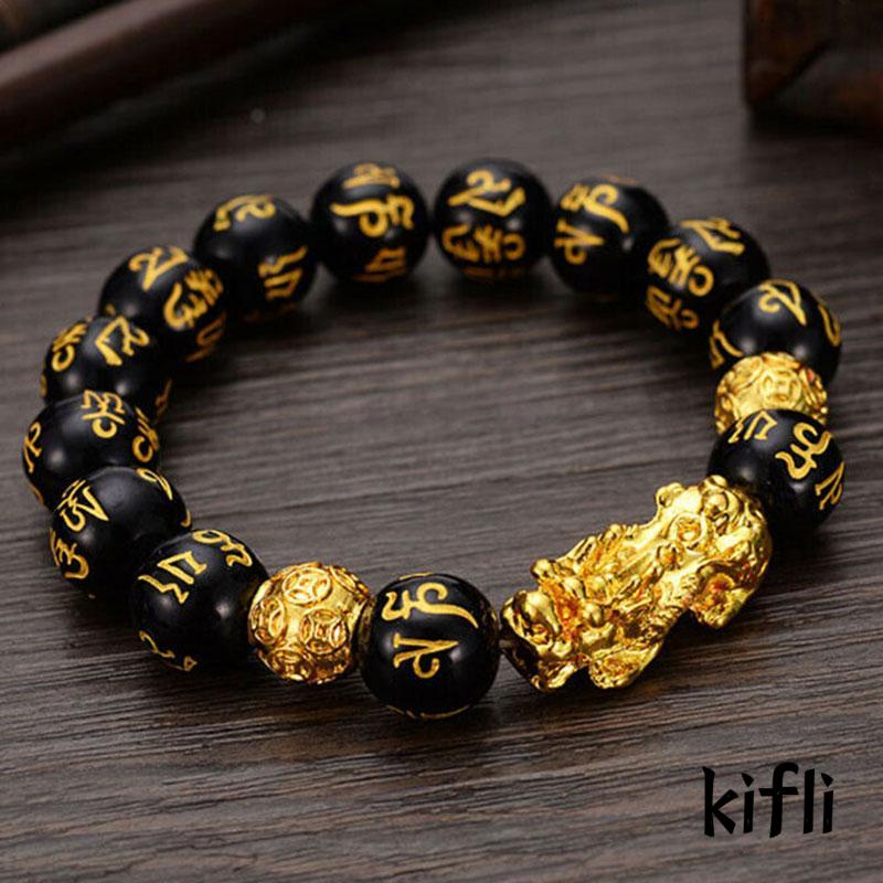 【kifli】Manik Gelang Fashion Retro Feng Shui Obsidian Emas Hitam Pria Wanita Netral Imitasi Obsidian Gelang Simple Fashion Import