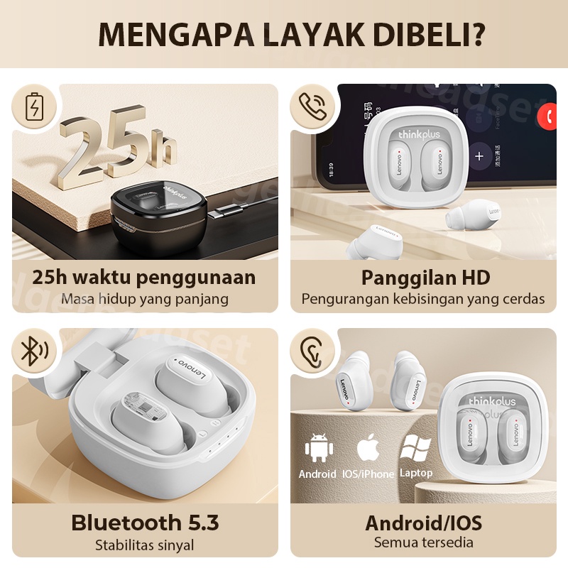 Original TWS Lenovo XT62 Headset Bluetooth 5.3 Mini Earbuds Latensi rendah with Mikrofon Peredam Bising Cerdas untuk Android IOS Gaming Sport Wireless Earphones