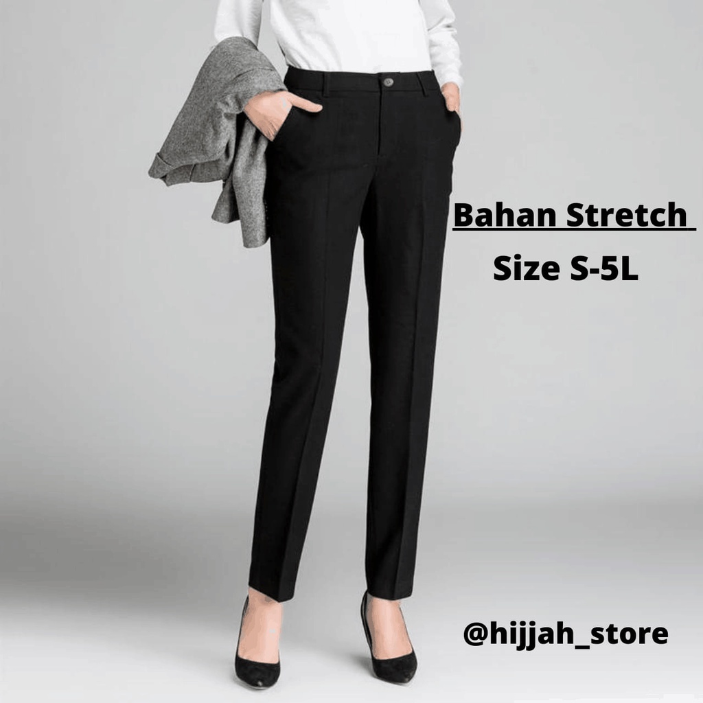 celana kerja wanita bahan katun twill premium kantor formal casual kantong kancing resleting karet big size jumbo slimfit ankle pants