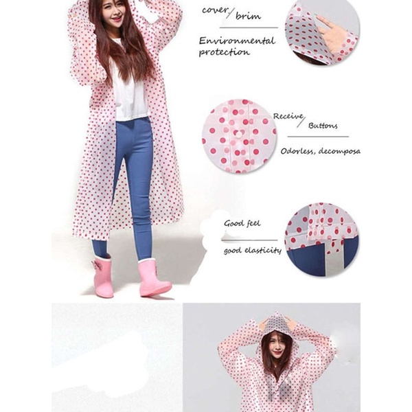 Jas Hujan BAHAN EVA TEBAL Dewasa Model Poncho Waterproof  POLOS / Jubah Terusan Musim Ujan Untuk Motor Anti Basah / Jas Hujan Mantel Korea + Hoodie Semi Transparan Anti Air MOTIF POLKADOT / Raincoat Lightweight Unisex