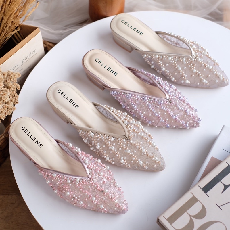 𝗖𝗘𝗟𝗟𝗘𝗡𝗘 Agypt Beads Heels 3cm (9 warna ETALASE 1) Wedding shoes selop brukat payet mutiara