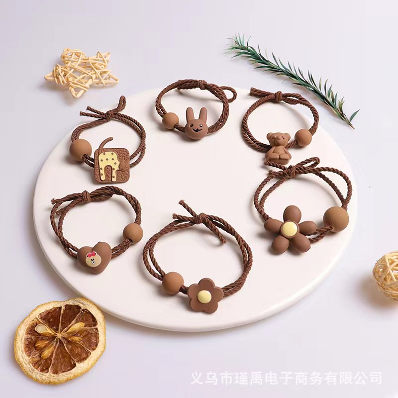 [ 6 PCS ] Ikat Rambut Fashion Wanita Motif Bear&amp;Bunga Lucu Korean Vintage Murah - Scrunchie Import