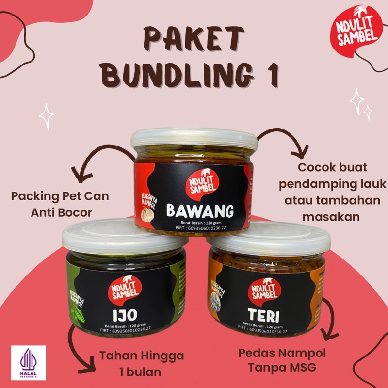 

PAKET BUNDLING 1 / Sambal Ijo / Sambal Teri / Sambal Bawang / Sambal Terpedas - Ndulit Sambel