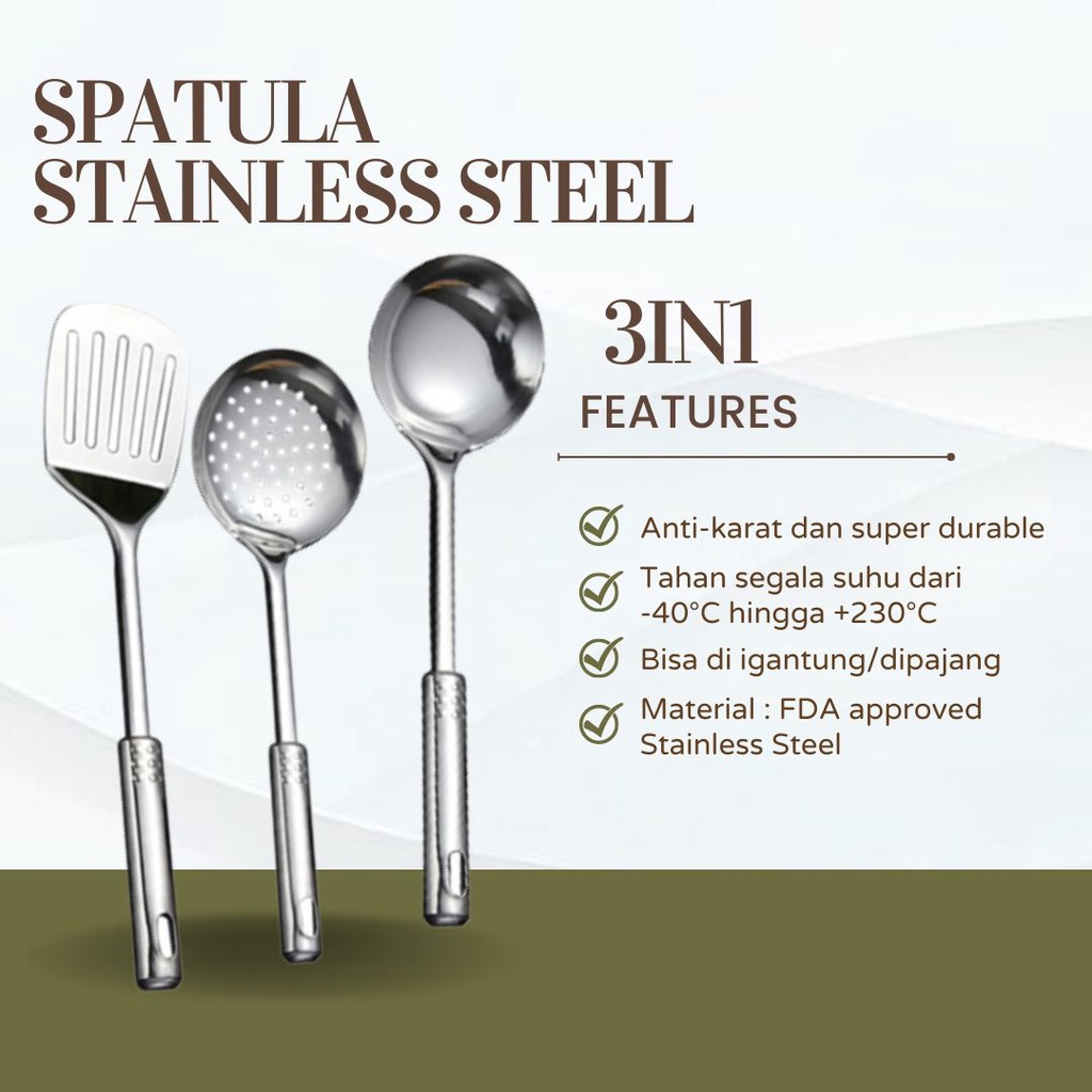 SPATULA STAINLESS STEEL 3 IN 1 ANTI KARAT / ALAT MASAK SIMPLE DAN PRAKTIS