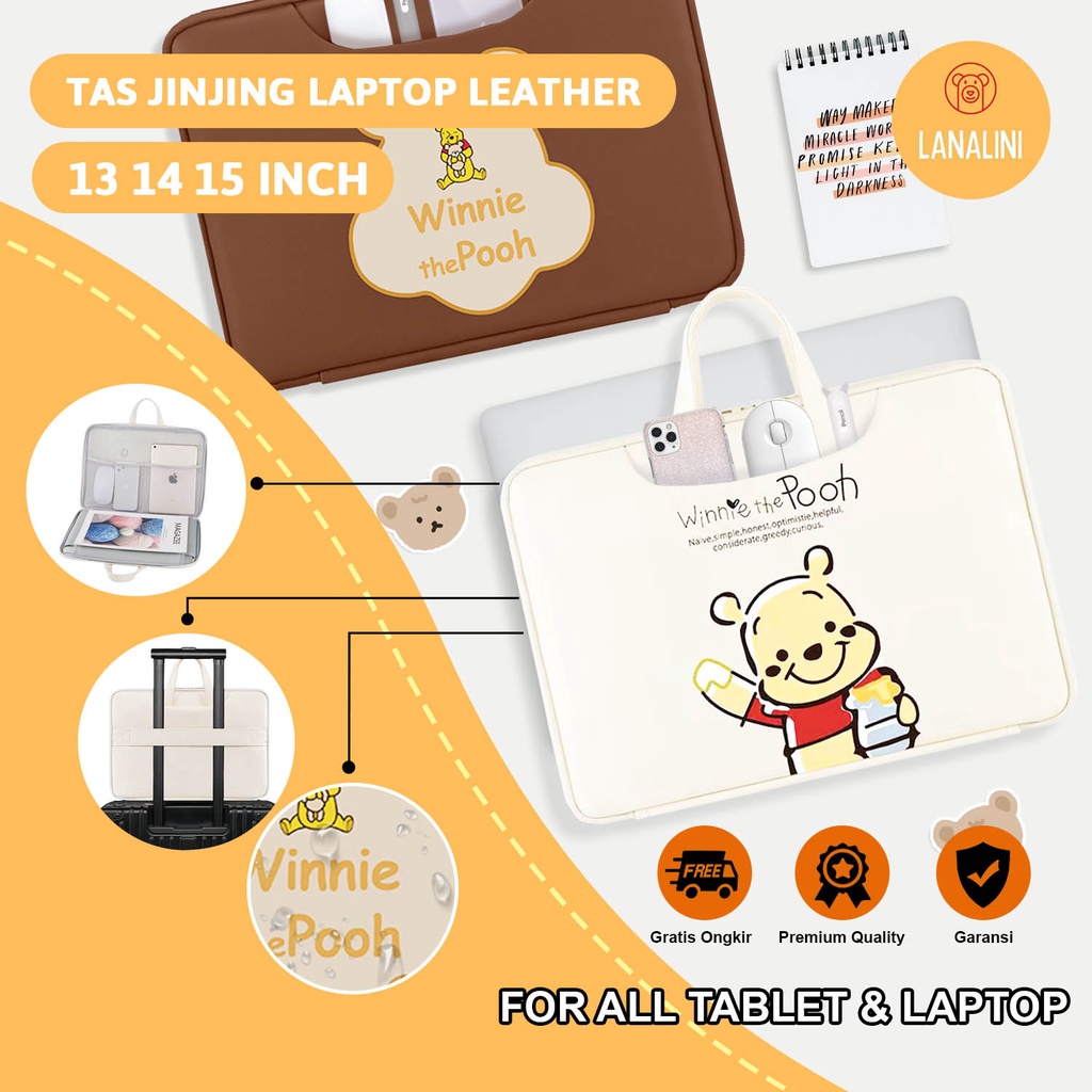 Sleeve Pouch Sarung Tas Bag Case Ipad Tab Tablet Macbook Air Pro Laptop Asus Acer Lenovo HP Huawei 11 12 13 14 15 inch Motif Gambar Kartun Pooh Cartoon Warna Putih White Brown Cokelat Cute Murah Korean Model Jinjing Tali Strap Waterproof Tahan Air