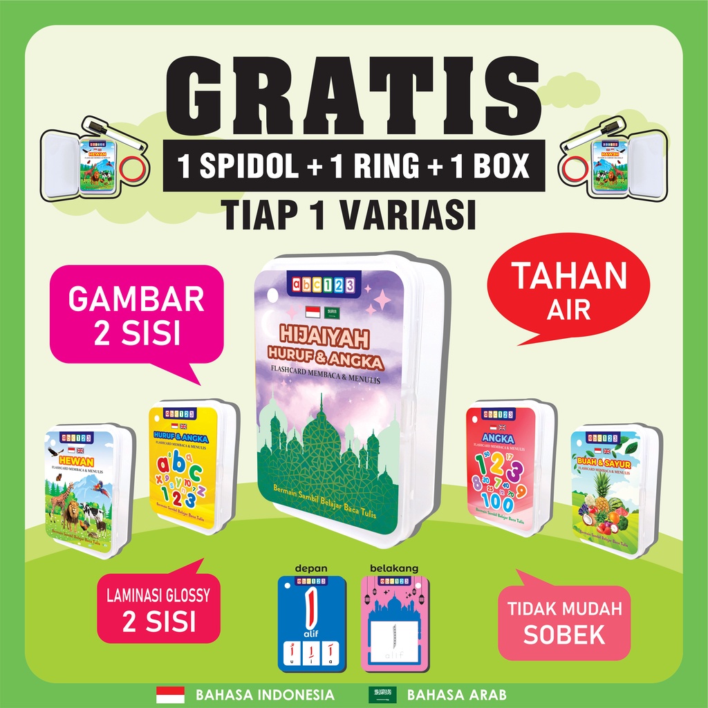 Flash Card WIPE CLEAN Hijaiyah Harokat Mengaji Bahasa Arab | Huruf Angka Hewan Buah Flashcard Kartu