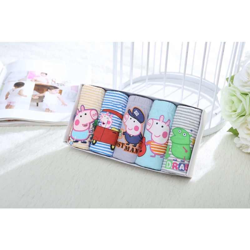 SET Celana Dalam Anak Bahan Katun Import Premium isi 5 pcs Free Box Lucu Gambar PeppaPig Biru Celana Dalam Anak Laki laki Murah Kolor Anak Bahan Katun