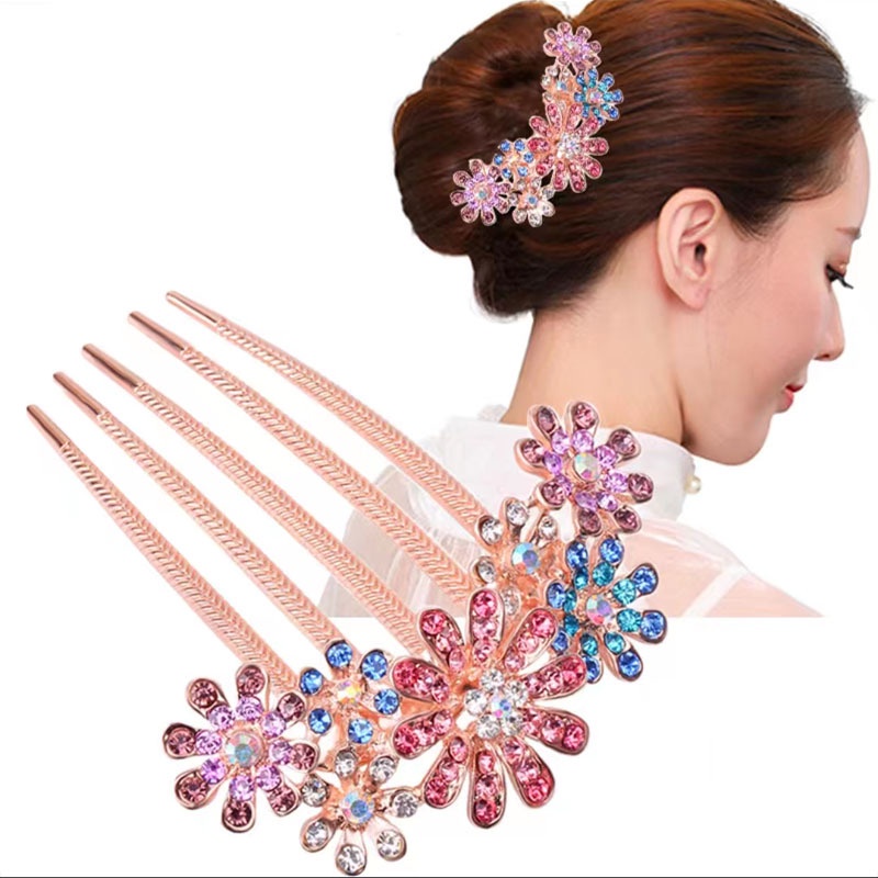 Sisir Rambut Bentuk Bunga Aksen Berlian Imitasi Bahan Alloy Untuk Wanita
