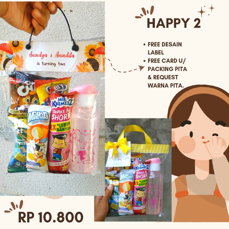 

Paket Bingkisan Snack Ulang Tahun Anak Souvenir Botol Minum Costum Label