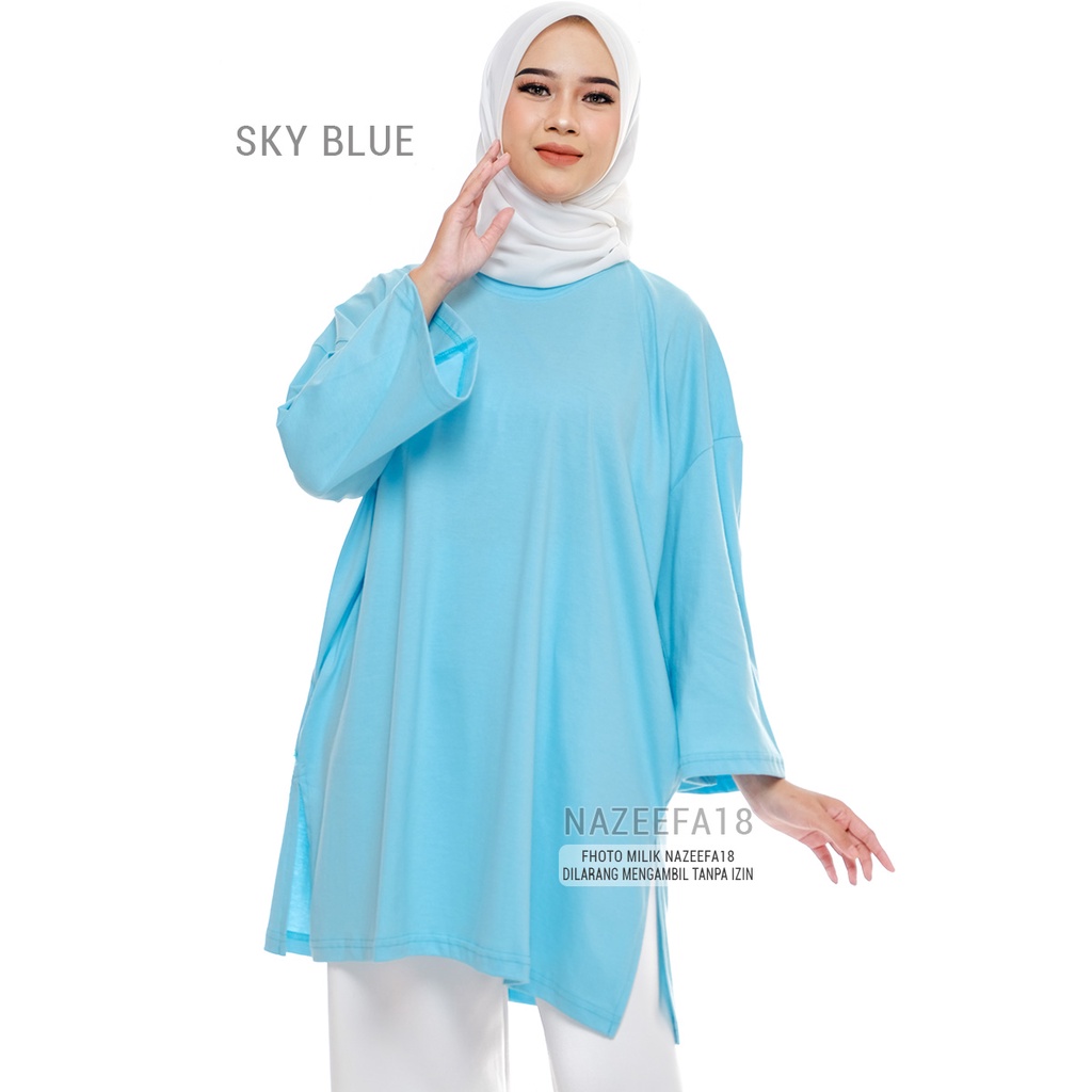 Grosir Kaos Hijab Oversize Wanita Premium Tunik Katun Adem Tangan 7/8 Biru Langit