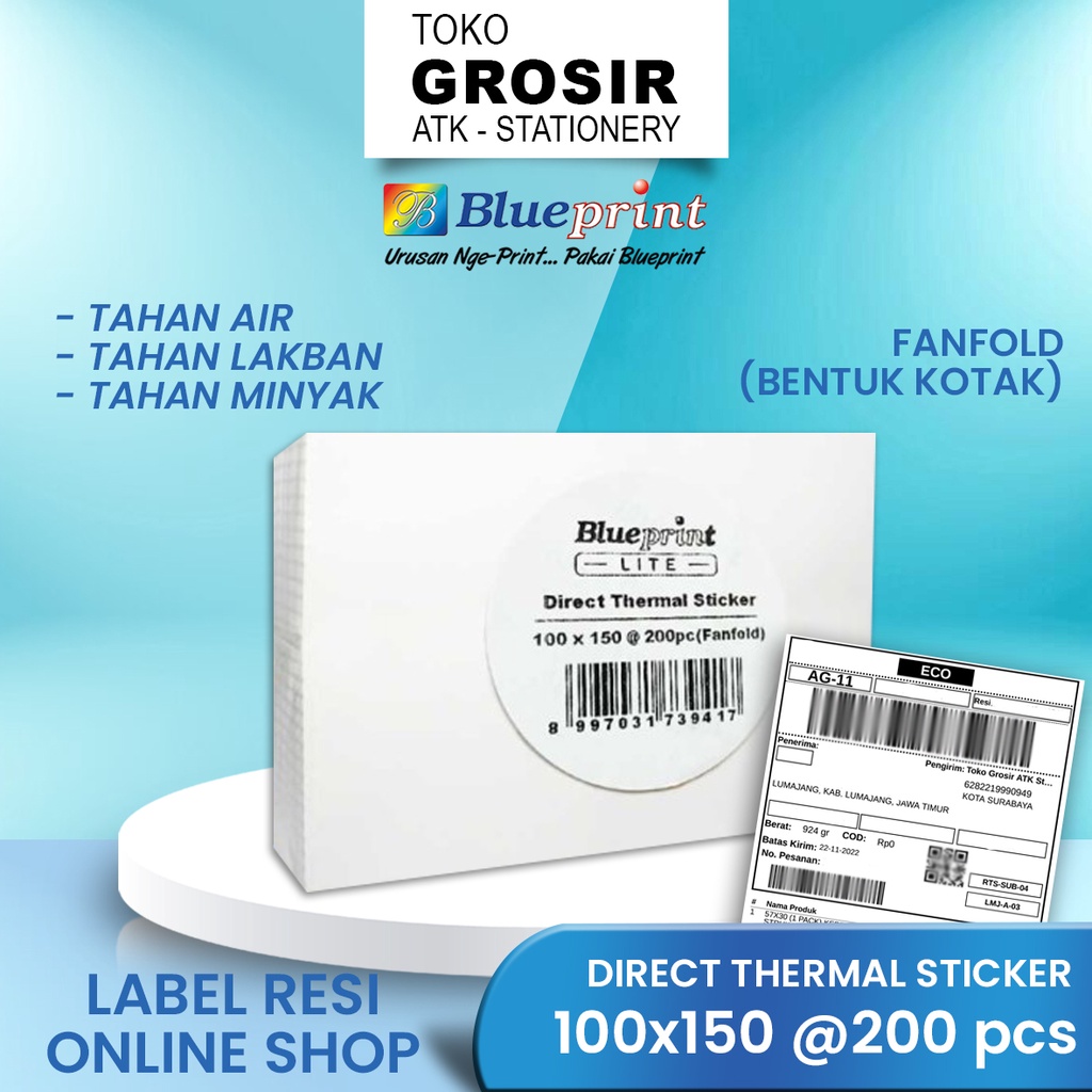 

100x150 CF Resi Label Pengiriman A6 Kertas Thermal Sticker Barcode BLUEPRINT Lite 200 Stiker Termal