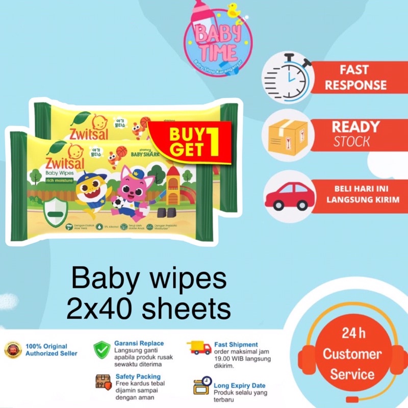 Zwitsal Baby Wipes Tissue Basah Rich Mositure 2 X 40 Sheets (Baby Shark Edition)