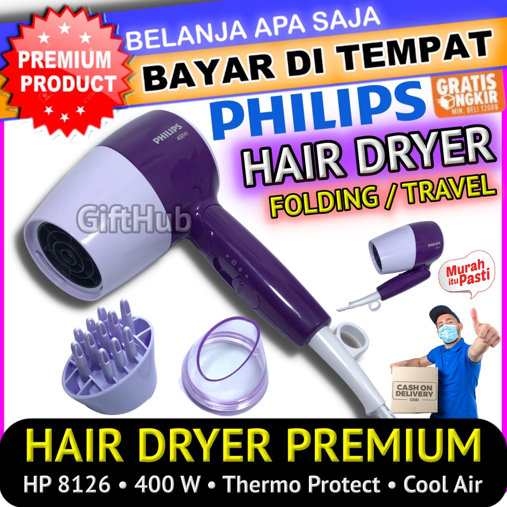 Philips Hair Dryer Premium Lipat Alat Pengering Rambut Professional Folding HairDryer 3 Mode Panas D