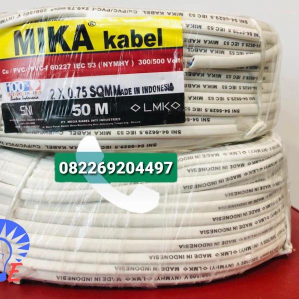 Kabel MIKA 2x0,75 NYMHY OVAL / GEPENG / PUTIH-HITAM - Putih