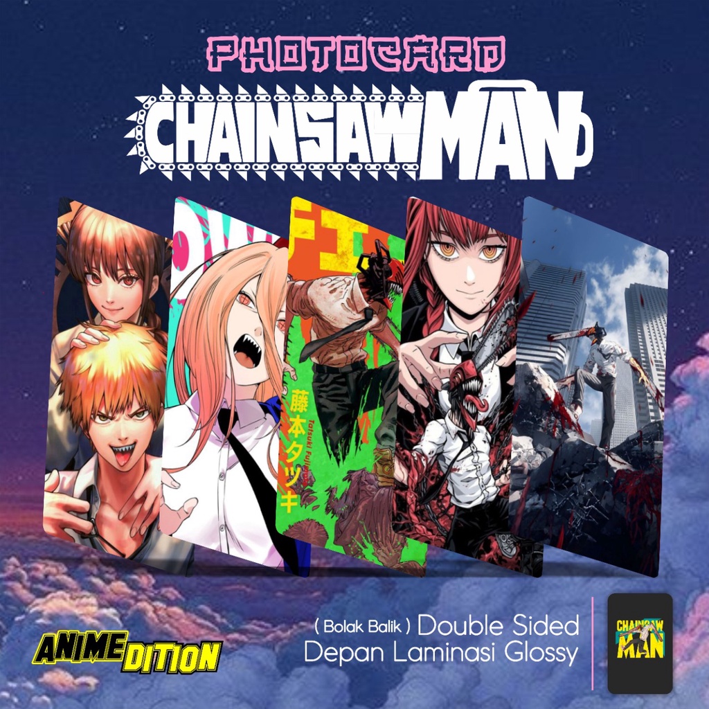 Photocard Premium Bolak Balik Glossy Anime Chainsaw Man Denji Power Aki Makima Pochita