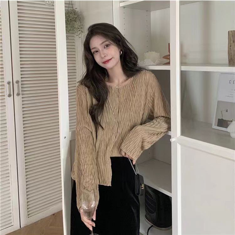 Kemeja Crinkle Korean Style V-neck Cardigan Crop Rajut Lengan Panjang