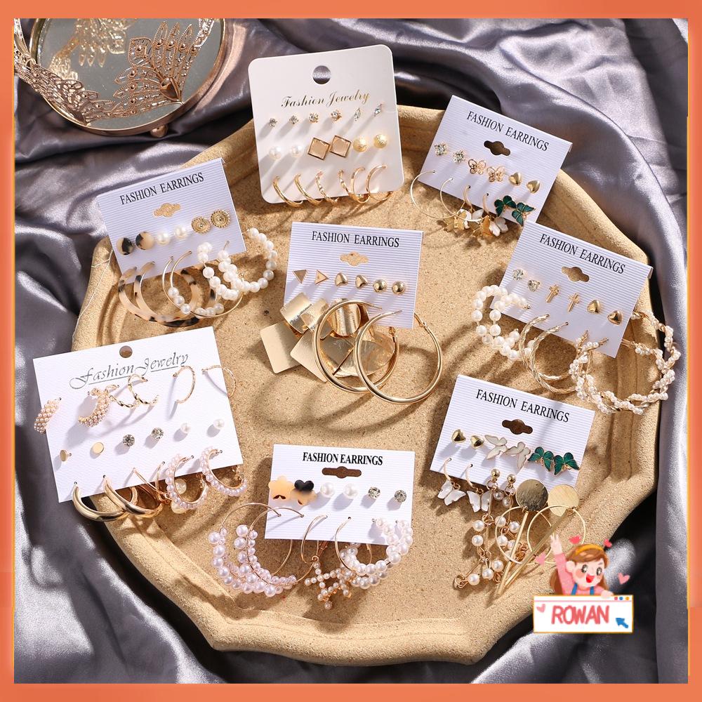 R-flower 6 Pasang / Set Anting Tusuk Gaya Korea Bentuk Bunga / Salib / Mutiara / Berlian Imitasi Untuk Wanita