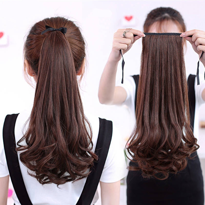 wig ponytail wanita/Ikat rambut palsu/panjang curly rambut asli korea lace-up jenis gelombang besar realistis potongan wig alami