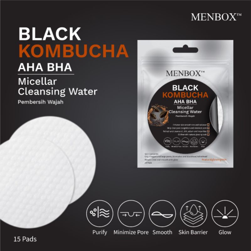 MENBOX MICELAR CLEANSING WATER BLACK KOMBUCHA / CICA NIACINAMIDE  &amp; TONER AHA BHA BLACK KOMBUCHA 15 PADS / KYE MICELLAR CLEANSING PAD BPOM