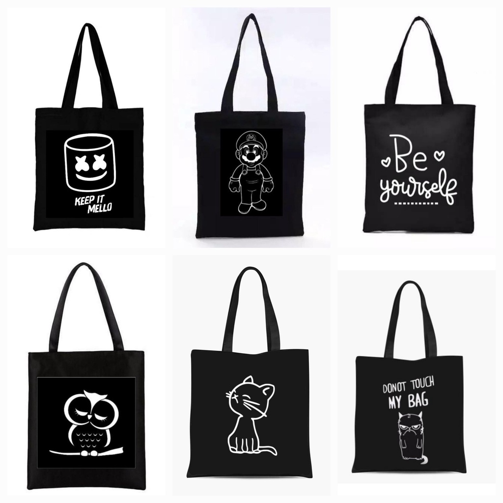 Y1405 - Tas tote bag hitam pria/wanita pakai [PEREKAT] motif chimmy