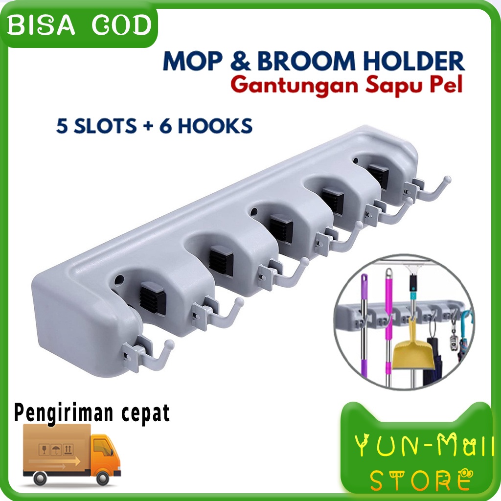YUN Gantungan Sapu  alat Pel Dengan Hook 5 Slot Magic Mop Holder Magic Mop Holder Murah Rak Kunci Topmart Hook Rack / Mop Rack/Broom/ Drain/ Storage Rack