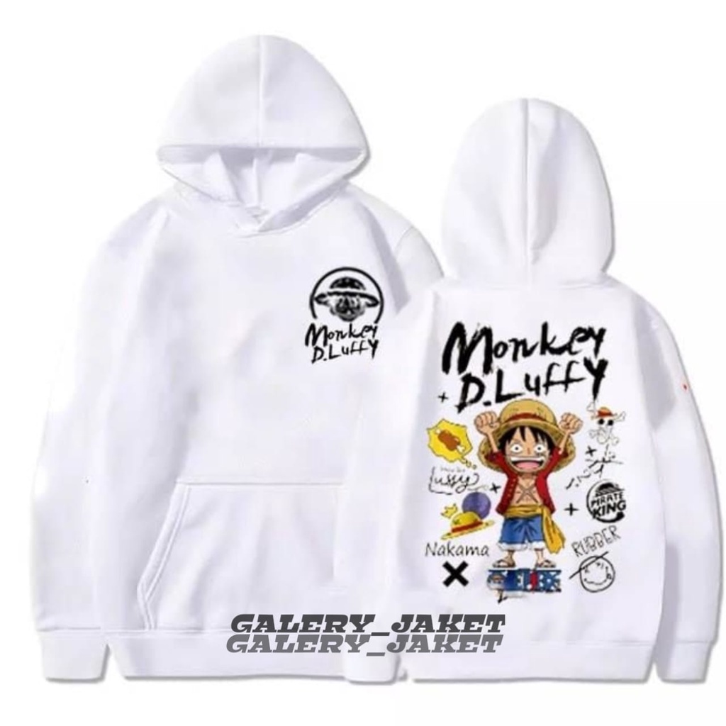 Jaket Sweater Hoodie One Piece Monkey D Luffy Putih Premium - Sweater Hoodie Anime One Piece Kartun D Luffy Kekinian Bahan Flece Tebal Gramasi 280 Size Lengkap S-M-L-XL-XXL