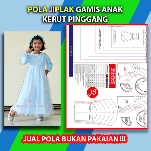 Pola Jiplak Gamis Anak Kerut Pinggang Usia 2 ~ 12 Tahun [ Pola Baju Jamblang Studio ]