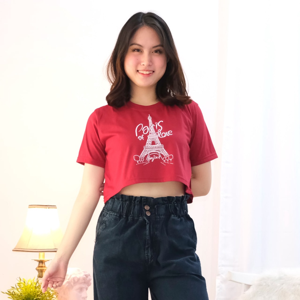 New official - Kaos Crop Top wanita Korean Basic Crop Paris Of Love T-Shirt Lengan Pendek katun