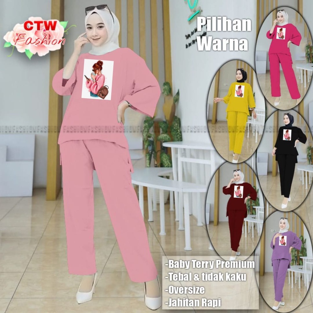 ONE SET WANITA KEKINIAN SETELAN BAJU DEWASA VIRAL BAJU SANTAI PEGANG HP