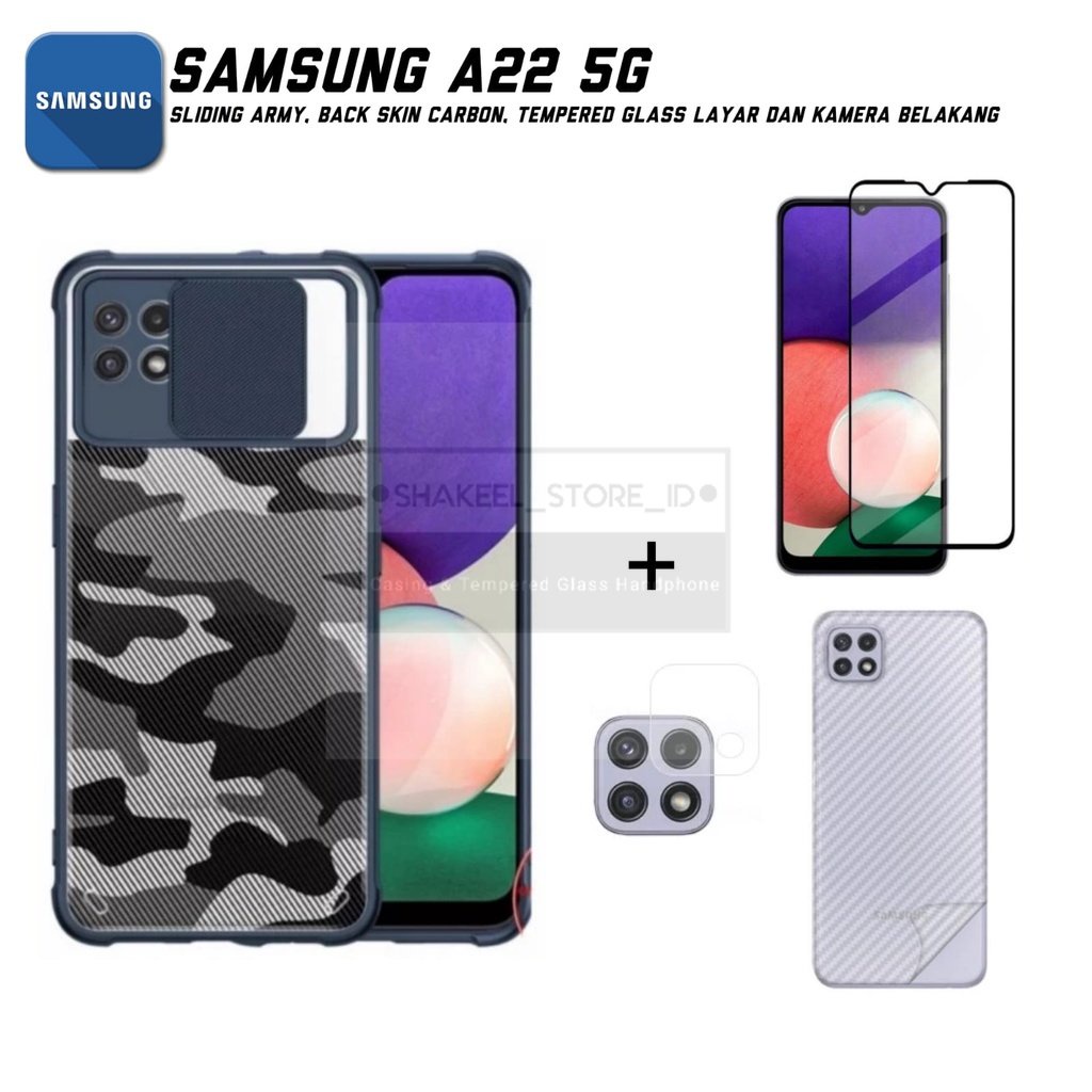 Paket 4in1 Case Samsung A22 5G Camshield Army Camera Protect Cover