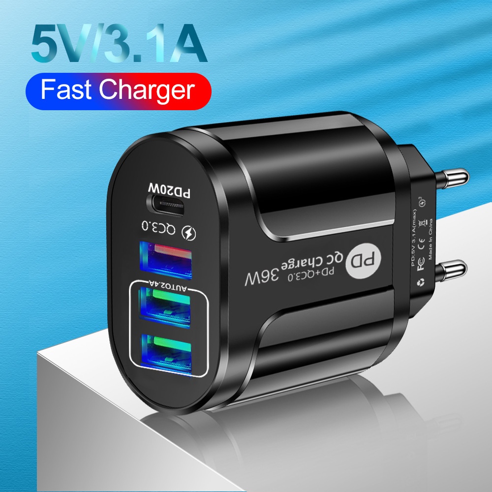 Adaptor Power Charger 36W 3 Port Usb + PD 4 Port QC3.0 + PD Portable Untuk Iphone Android