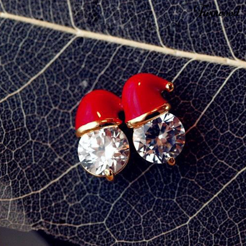 Anting Stud Desain Topi Natal Aksen Berlian Imitasi Bahan Alloy Untuk Wanita